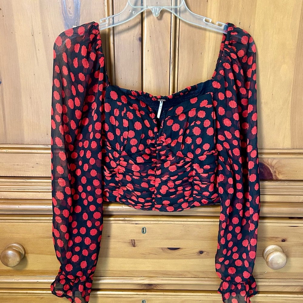 Free People Black Red Polka Dot Long Sleeve Crop Blouse